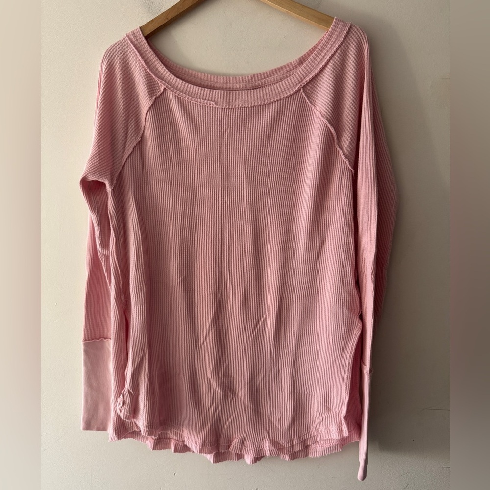 We the Free People Pink Waffle Knit Thermal Oversized Relaxed Top